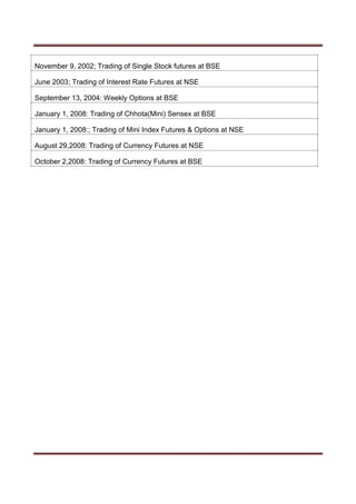 November 9, 2002; Trading of Single Stock futures at BSE
June 2003; Trading of Interest Rate Futures at NSE
September 13, 2004: Weekly Options at BSE
January 1, 2008: Trading of Chhota(Mini) Sensex at BSE
January 1, 2008:; Trading of Mini Index Futures & Options at NSE
August 29,2008: Trading of Currency Futures at NSE
October 2,2008: Trading of Currency Futures at BSE
 