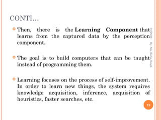 CONTI…
 Then, there is the Learning Component that
learns from the captured data by the perception
component.
 The goal is to build computers that can be taught
instead of programming them.
 Learning focuses on the process of self-improvement.
In order to learn new things, the system requires
knowledge acquisition, inference, acquisition of
heuristics, faster searches, etc.
19
By-
Ms.
Richa
Singh
01/28/26
 