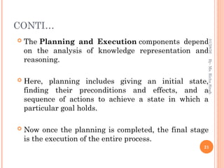 CONTI…
 The Planning and Execution components depend
on the analysis of knowledge representation and
reasoning.
 Here, planning includes giving an initial state,
finding their preconditions and effects, and a
sequence of actions to achieve a state in which a
particular goal holds.
 Now once the planning is completed, the final stage
is the execution of the entire process.
21
By-
Ms.
Richa
Singh
01/28/26
 