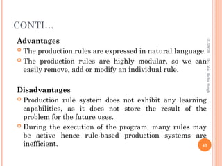 CONTI…
Advantages
 The production rules are expressed in natural language.
 The production rules are highly modular, so we can
easily remove, add or modify an individual rule.
Disadvantages
 Production rule system does not exhibit any learning
capabilities, as it does not store the result of the
problem for the future uses.
 During the execution of the program, many rules may
be active hence rule-based production systems are
inefficient. 43
By-
Ms.
Richa
Singh
01/28/26
 