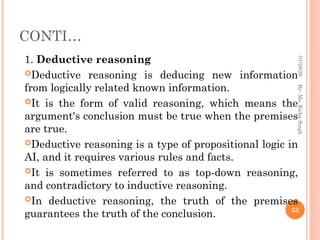 CONTI…
1. Deductive reasoning
Deductive reasoning is deducing new information
from logically related known information.
It is the form of valid reasoning, which means the
argument's conclusion must be true when the premises
are true.
Deductive reasoning is a type of propositional logic in
AI, and it requires various rules and facts.
It is sometimes referred to as top-down reasoning,
and contradictory to inductive reasoning.
In deductive reasoning, the truth of the premises
guarantees the truth of the conclusion. 53
By-
Ms.
Richa
Singh
01/28/26
 