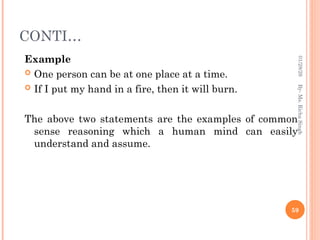 CONTI…
Example
 One person can be at one place at a time.
 If I put my hand in a fire, then it will burn.
The above two statements are the examples of common
sense reasoning which a human mind can easily
understand and assume.
59
By-
Ms.
Richa
Singh
01/28/26
 