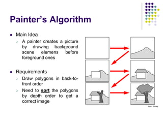 Painter’s Algorithm
 Main Idea
 A painter creates a picture
by drawing background
scene elemens before
foreground ones
 Requirements
 Draw polygons in back-to-
front order
 Need to sort the polygons
by depth order to get a
correct image
from Shirley
 
