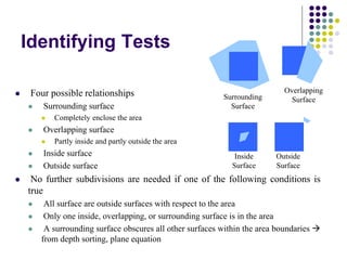 Identifying Tests
 Four possible relationships
 Surrounding surface
 Completely enclose the area
 Overlapping surface
 Partly inside and partly outside the area
 Inside surface
 Outside surface
 No further subdivisions are needed if one of the following conditions is
true
 All surface are outside surfaces with respect to the area
 Only one inside, overlapping, or surrounding surface is in the area
 A surrounding surface obscures all other surfaces within the area boundaries 
from depth sorting, plane equation
Surrounding
Surface
Overlapping
Surface
Inside
Surface
Outside
Surface
 