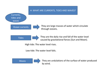 4- WHAT ARE CURRENTS, TIDES AND WAVES?
Currents,
tides and
waves
Ocean currents
Tides
Waves
They are large masses of water which circulate
through oceans.
They are the daily rise and fall of the water level
caused by gravitational forces (Sun and Moon).
They are undulations of the surface of water produced
by wind.
High tide: The water level rises.
Low tide: The water level falls.
 
