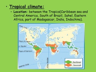 • Tropical climate:
– Location: between the Tropics(Caribbean sea and
Central America, South of Brazil, Sahel, Eastern
Africa, part of Madagascar, India, Indochina).
 