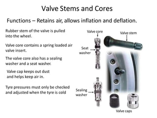Valve Stems and Cores
Functions – Retains air, allows inflation and deflation.
Rubber stem of the valve is pulled
into the wheel.
Valve core contains a spring loaded air
valve insert.
The valve core also has a sealing
washer and a seat washer.
Valve cap keeps out dust
and helps keep air in.
Valve caps
Sealing
washer
Seat
washer
Valve stem
Valve core
Tyre pressures must only be checked
and adjusted when the tyre is cold
 