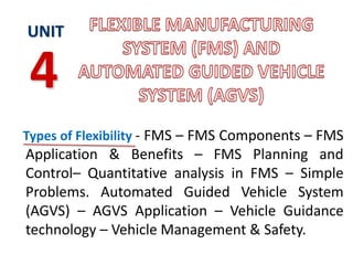Types of Flexibility - FMS – FMS Components – FMS
Application & Benefits – FMS Planning and
Control– Quantitative analysis in FMS – Simple
Problems. Automated Guided Vehicle System
(AGVS) – AGVS Application – Vehicle Guidance
technology – Vehicle Management & Safety.
UNIT
4
 