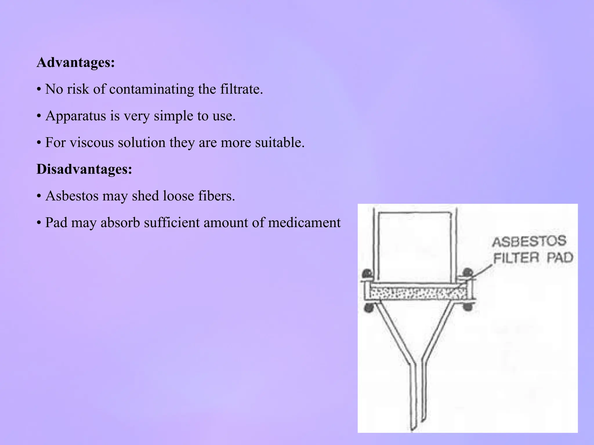 Advantages:
• No risk of contaminating the filtrate.
• Apparatus is very simple to use.
• For viscous solution they are more suitable.
Disadvantages:
• Asbestos may shed loose fibers.
• Pad may absorb sufficient amount of medicament
 