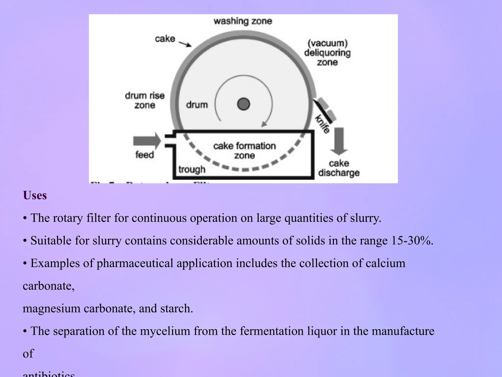Uses
• The rotary filter for continuous operation on large quantities of slurry.
• Suitable for slurry contains considerable amounts of solids in the range 15-30%.
• Examples of pharmaceutical application includes the collection of calcium
carbonate,
magnesium carbonate, and starch.
• The separation of the mycelium from the fermentation liquor in the manufacture
of
 