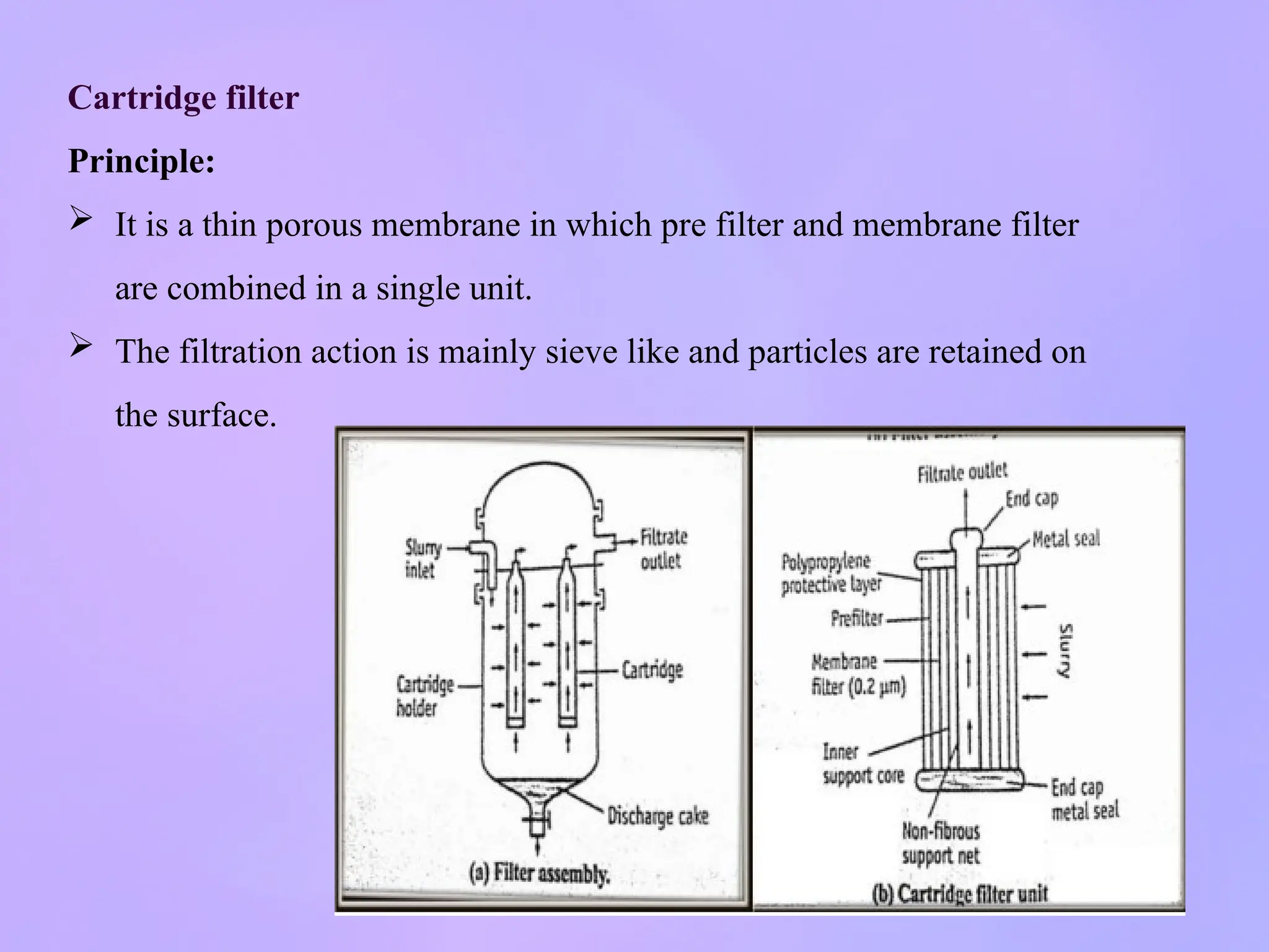 Cartridge filter
Principle:
 It is a thin porous membrane in which pre filter and membrane filter
are combined in a single unit.
 The filtration action is mainly sieve like and particles are retained on
the surface.
 