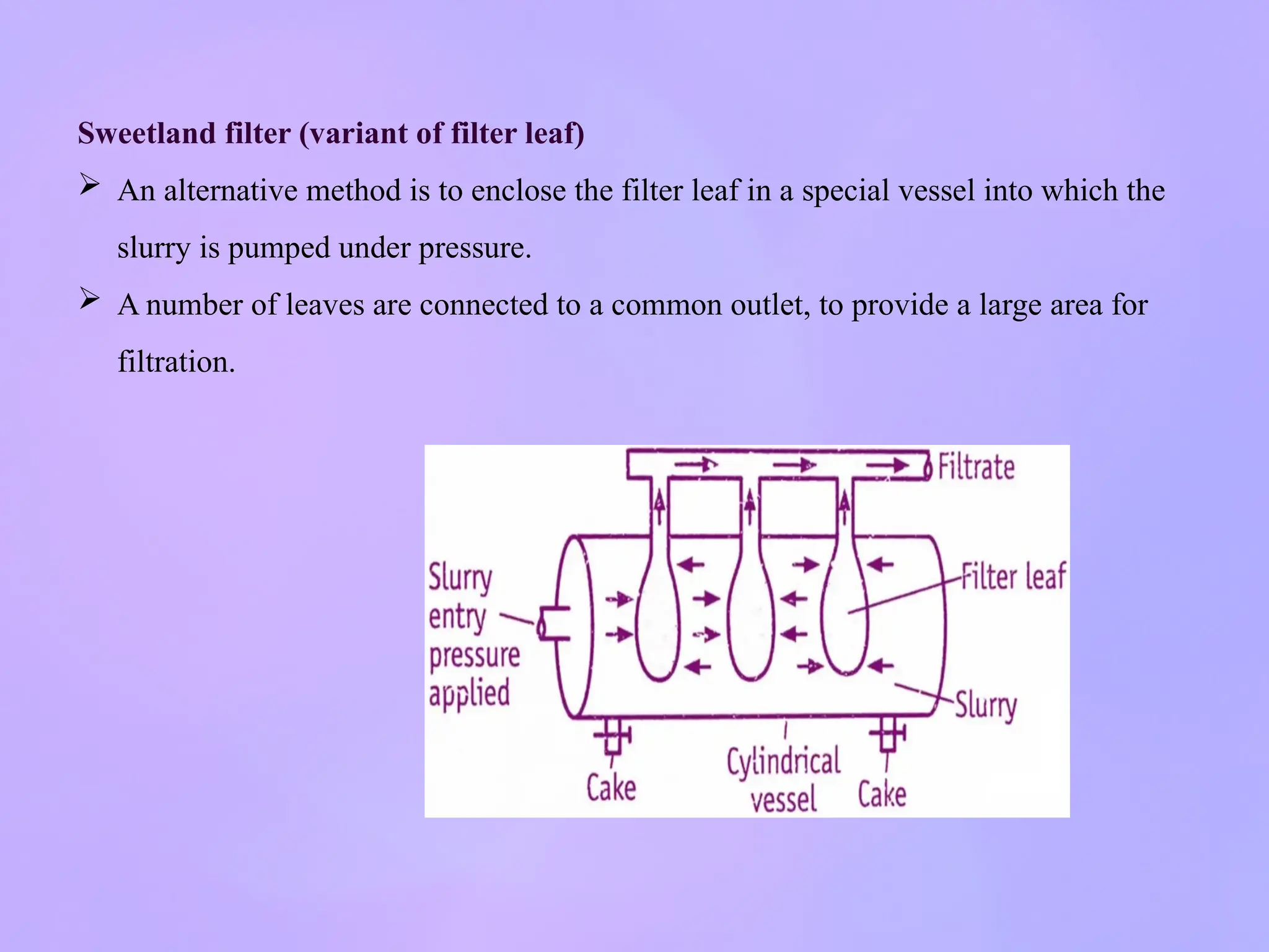Sweetland filter (variant of filter leaf)
 An alternative method is to enclose the filter leaf in a special vessel into which the
slurry is pumped under pressure.
 A number of leaves are connected to a common outlet, to provide a large area for
filtration.
 