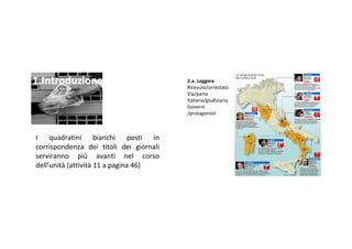 1.Introduzione                           2.a.Leggere
                                         Ricevuto/arrestato
                                         Via/parte
                                         Italiana/giudiziaria
                                         Governi
                                         /protagonisti



I quadratini bianchi posti in
corrispondenza dei titoli dei giornali
serviranno più avanti nel corso
dell’unità (attività 11apagina46)
 