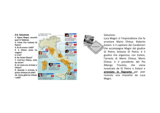 2.b.Soluzione
2.b.Soluzione                 Soluzione:
1. Signor Magni, racconti
                               LucaMagni:è l’imprenditore che fa
quel 17febbraio
2. Come l’ha trattata Di    arrestare Mario Chiesa: Roberto
Pietro?                        Zuliani: è il capitano dei Carabinieri
3.Dichi erano isoldi?
                               che accompagna Magni dal giudice
4. E Chiesa come ha
reagito?                       Di Pietro; Antonio Di Pietro: è il
5.Elei?                      giudice che organizza, con Zuliani,
6.Harivisto Chiesa?
                               l’arresto di Mario Chiesa; Mario
7. Com’era Chiesa, visto
davicino?                     Chiesa: è il presidente del Pio
8.Lei comeeraarrivato a    Albergo Trivulzio, che viene
Chiesa?
                               incastrato da Di Pietro e Zuliani e
9. Quando è arrivata la
primarichiesta disoldi?      arrestato in flagrante per aver
10.Comeglieli hachiesti,   ricevuto una mazzetta da Luca
isoldi?
                               Magni.
 