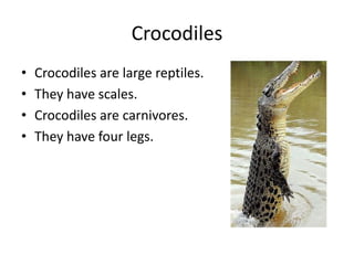 CrocodilesCrocodiles are large reptiles.They have scales.Crocodiles are carnivores.They have four legs.