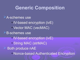 Generic Composition
A-schemes use
• IV-based encryption (ivE)
• Vector MAC (vecMAC)
B-schemes use
• IV-based encryption (ivE)
• String MAC (strMAC)
 Both produce nAE
• Nonce-based Authenticated Encryption
 