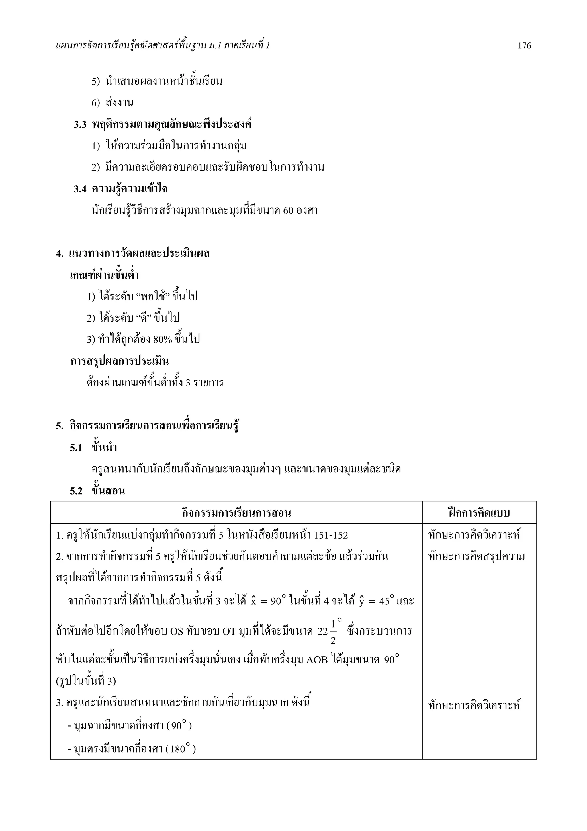 แผนการจัดการเรียนรูคณิตศาสตรพื้นฐาน ม.1 ภาคเรียนที่ 1                                              176

        5) นําเสนอผลงานหนาชั้นเรียน
        6) สงงาน
    3.3 พฤติกรรมตามคุณลักษณะพึงประสงค
        1) ใหความรวมมือในการทํางานกลุม
        2) มีความละเอียดรอบคอบและรับผิดชอบในการทํางาน
    3.4 ความรูความเขาใจ
        นักเรียนรูวิธีการสรางมุมฉากและมุมที่มีขนาด 60 องศา

4. แนวทางการวัดผลและประเมินผล
   เกณฑผานขั้นต่ํา
      1) ไดระดับ “พอใช” ขึ้นไป
      2) ไดระดับ “ดี” ขึ้นไป
      3) ทําไดถูกตอง 80% ขึ้นไป
   การสรุปผลการประเมิน
      ตองผานเกณฑขั้นต่ําทั้ง 3 รายการ

5. กิจกรรมการเรียนการสอนเพือการเรียนรู
                                 ่
    5.1 ขั้นนํา
         ครูสนทนากับนักเรียนถึงลักษณะของมุมตางๆ และขนาดของมุมแตละชนิด
    5.2 ขั้นสอน
                               กิจกรรมการเรียนการสอน                                   ฝกการคิดแบบ
1. ครูใหนักเรียนแบงกลุมทํากิจกรรมที่ 5 ในหนังสือเรียนหนา 151-152               ทักษะการคิดวิเคราะห
2. จากการทํากิจกรรมที่ 5 ครูใหนักเรียนชวยกันตอบคําถามแตละขอ แลวรวมกัน        ทักษะการคิดสรุปความ
สรุปผลที่ไดจากการทํากิจกรรมที่ 5 ดังนี้
   จากกิจกรรมทีไดทําไปแลวในขั้นที่ 3 จะได x = 90o ในขั้นที่ 4 จะได y = 45o และ
                 ่                            ˆ                         ˆ
ถาพับตอไปอีกโดยใหขอบ OS ทับขอบ OT มุมที่ไดจะมีขนาด 22 1 ซึ่งกระบวนการ
                                                                   o
                                                                 2
พับในแตละขันเปนวิธีการแบงครึ่งมุมนั่นเอง เมื่อพับครึ่งมุม AOB ไดมุมขนาด 90o
               ้
(รูปในขั้นที่ 3)
3. ครูและนักเรียนสนทนาและซักถามกันเกียวกับมุมฉาก ดังนี้
                                           ่                                       ทักษะการคิดวิเคราะห
   - มุมฉากมีขนาดกี่องศา ( 90o )
   - มุมตรงมีขนาดกี่องศา ( 180o )
 