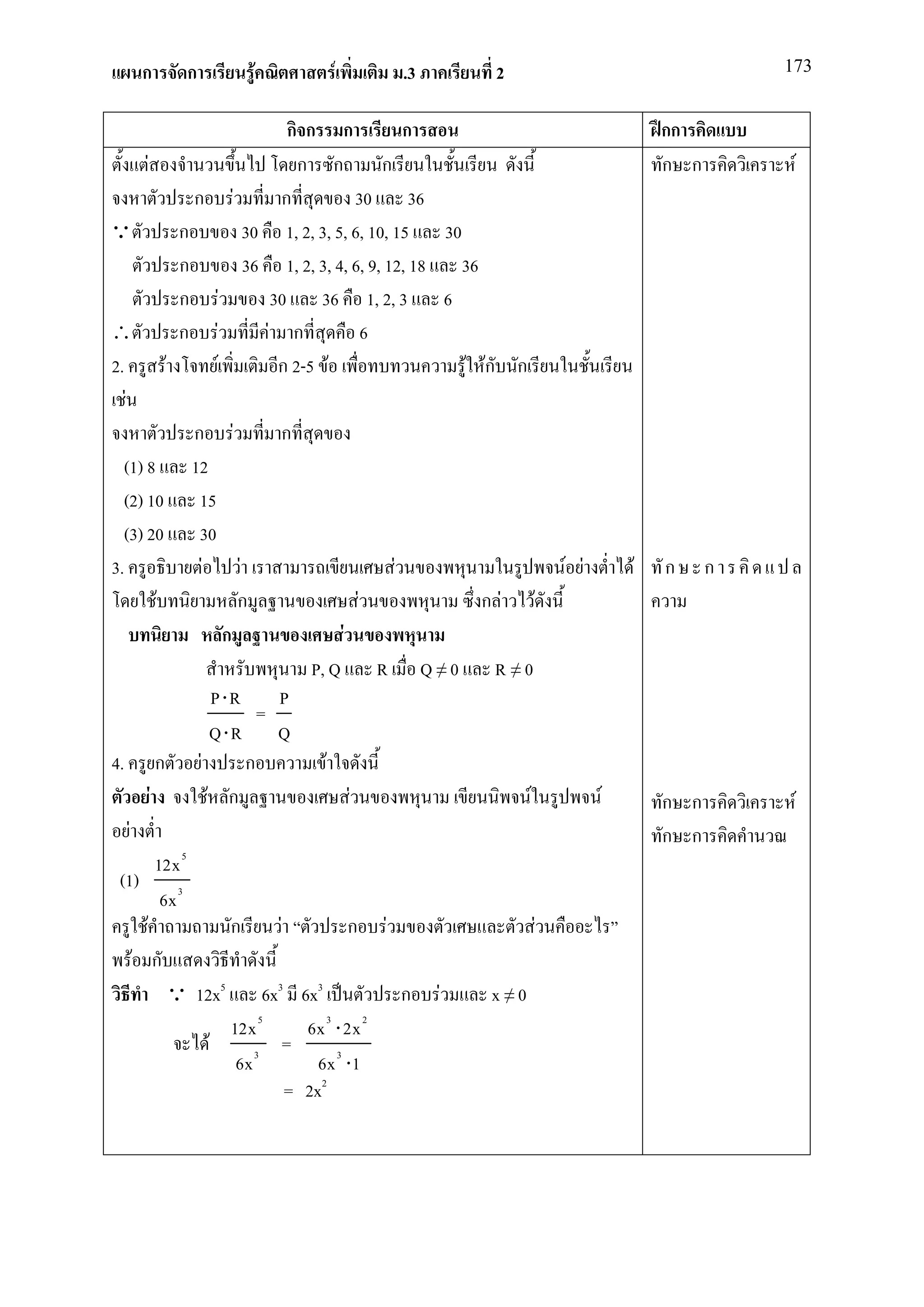 ก       ก            F              F            .3                2                                  173


                                             กก ก                 ก                               กก
           F                                  ก ก             ก                                   ก ก        F
                       ก F                 ก              30 36
Q                    ก               30 1, 2, 3, 5, 6, 10, 15 30
                     ก               36 1, 2, 3, 4, 6, 9, 12, 18 36
                     ก F                  30 36 1, 2, 3 6
∴                    ก F                 F ก                6
2.                F           F            ก 2-5 F                    F Fก ก
   F
                       ก F                 ก
   (1) 8 12
   (2) 10 15
   (3) 20 30
3.                      F          F                            F                   F F       F   ก     ก
               F                  ก                       F             ก F F
                                ก                     F
                                                P, Q R Q ≠ 0 R ≠ 0
                             P⋅R           P
                                       =
                           Q⋅R Q
4. ก F                               ก            F
             F            F ก                           F                     F           F       ก ก        F
     F                                                                                            ก ก
               12x 5
 (1)
                 6x 3
         F                       ก         F            ก F                     F
       F ก
                    Q 12x5 6x3 6x3                                ก F     x≠0
                                       5          3         2
                                 12x           6x ⋅ 2x
                           F               =
                                  6x 3           6x 3 ⋅1
                                             = 2x2
 