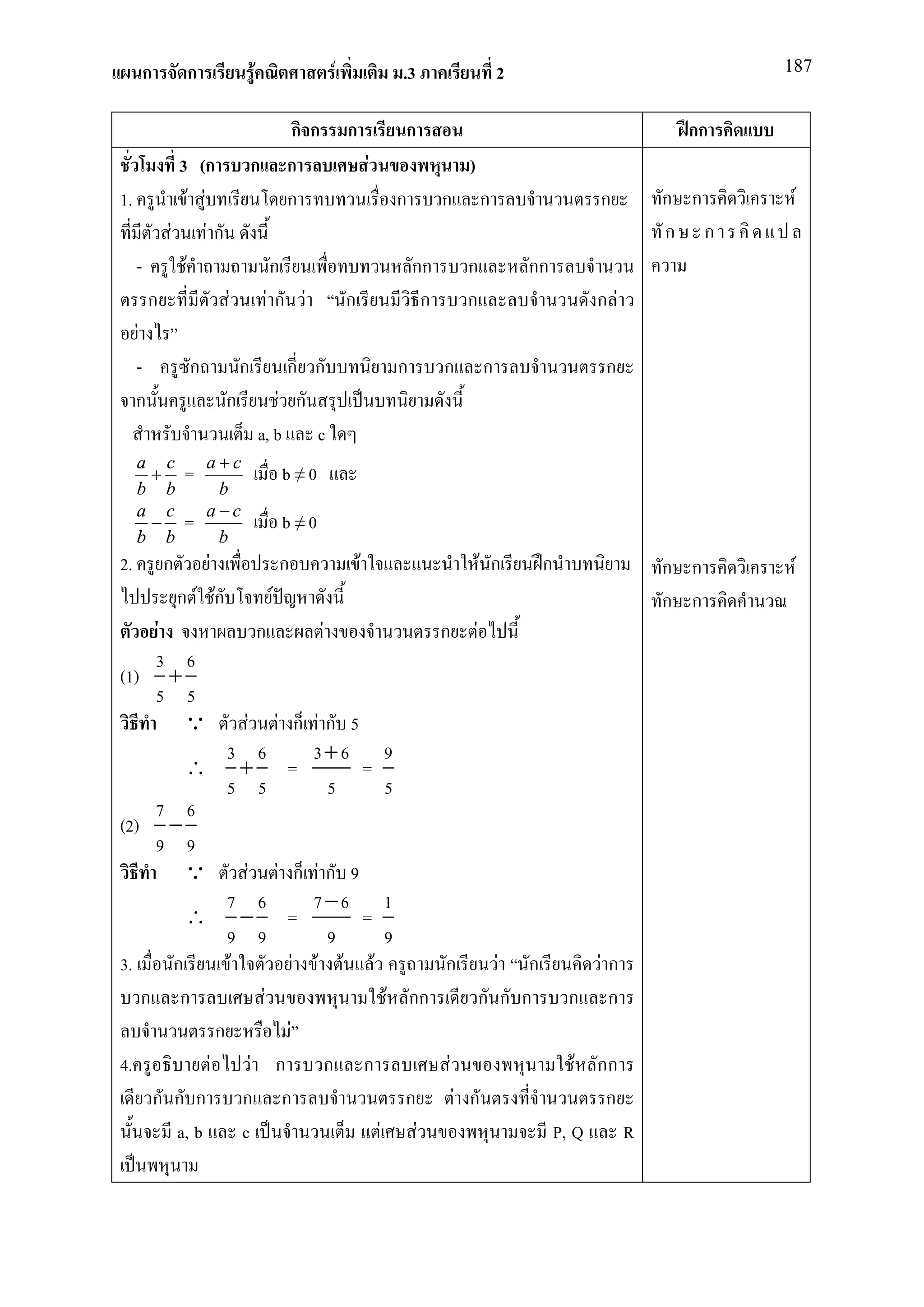 ก        ก               F                     F               .3                       2                         187


                                              กก            ก           ก                                             กก
              3 (ก                ก           ก                     F                )
1.               F F                          ก                         ก        ก           ก            ก         ก ก         F
             F Fก                                                                                                   ก ก
     -         F                          ก                                 กก       ก               กก
         ก                F               Fก F              ก                ก       ก                    ก F
     F
     -            ก           ก  ก ก                                    ก        ก           ก             ก
     ก                    ก     F ก
                            a, b c
     a c              a+c
      +          =                            b≠0
     b b               b
     a c              a−c
      −          =                            b≠0
     b b               b
2.           ก        F                       ก                 F                            F ก      ก             ก ก     F
                 ก F Fก                   F                                                                         ก ก
    F                                 ก             F                            ก       F
    3 6
(1) +
    5 5
      Q                       F
                       F ก Fก 5
               3 6           3+6 9
        ∴ + =                    =
               5 5            5     5
    7 6
(2) −
    9 9
        Q         F F ก Fก 9
               7 6           7−6 1
        ∴ − =                    =
               9 9            9     9
3.    ก        F           F F F F       ก      F ก                                                       Fก
   ก ก               F              F กก      ก ก ก ก                                                      ก
             ก           F
4.         F       F ก        ก ก        F             F                                                  กก
    ก ก ก ก ก                         ก    F ก                                                             ก
      a, b       c                 F F              P, Q                                                        R
 