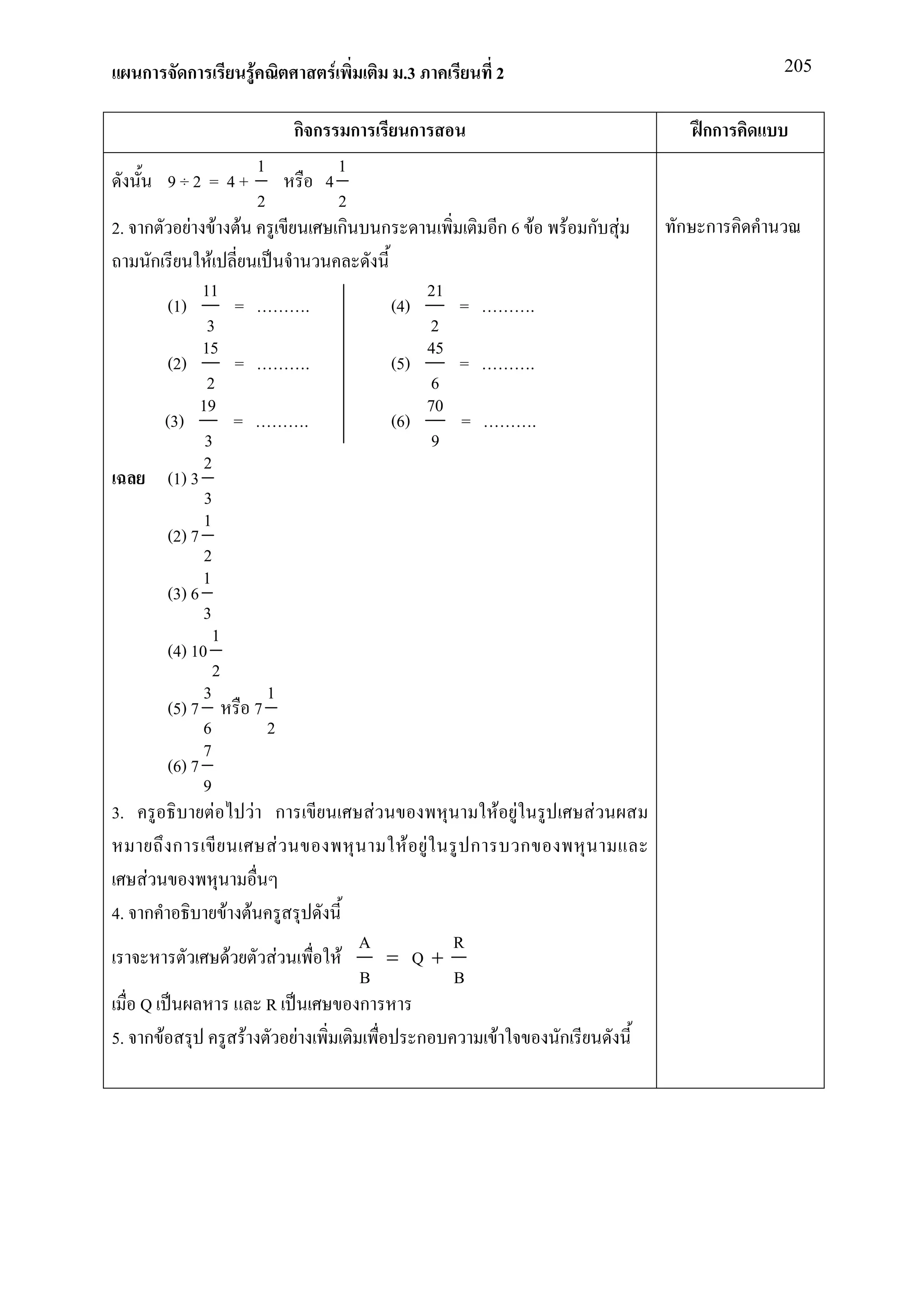 ก      ก                            F                    F                    .3         2                                205


                                                     กก               ก             ก                                     กก
                                             1                    1
         9÷2 = 4+                                         4
                                             2                    2
2. ก         F   F           F                                    ก           ก               ก6 F              F ก F   ก ก
    ก             F
               11                                                                     21
         (1)          =        .                                                  (4)    =                  .
                3                                                                     2
               15                                                                     45
         (2)          =        .                                                  (5)    =                  .
                2                                                                      6
               19                                                                     70
         (3)          =        .                                                  (6)    =                  .
                3                                                                      9
                2
         (1) 3
                3
               1
         (2) 7
                2
               1
         (3) 6
               3
                 1
         (4) 10
                    2
               3           1
         (5) 7           7
               6           2
               7
         (6) 7
               9
3.                  F   F ก                                               F                       F F               F
          ก                  F                                                      F F   ก             ก
   F
4. ก                 F               F
                                                                      A      R
                         F                       F                F     = Q+
                                                                      B      B
   Q                                             R                    ก
5. ก F                           F                   F                    ก                   F                 ก
 