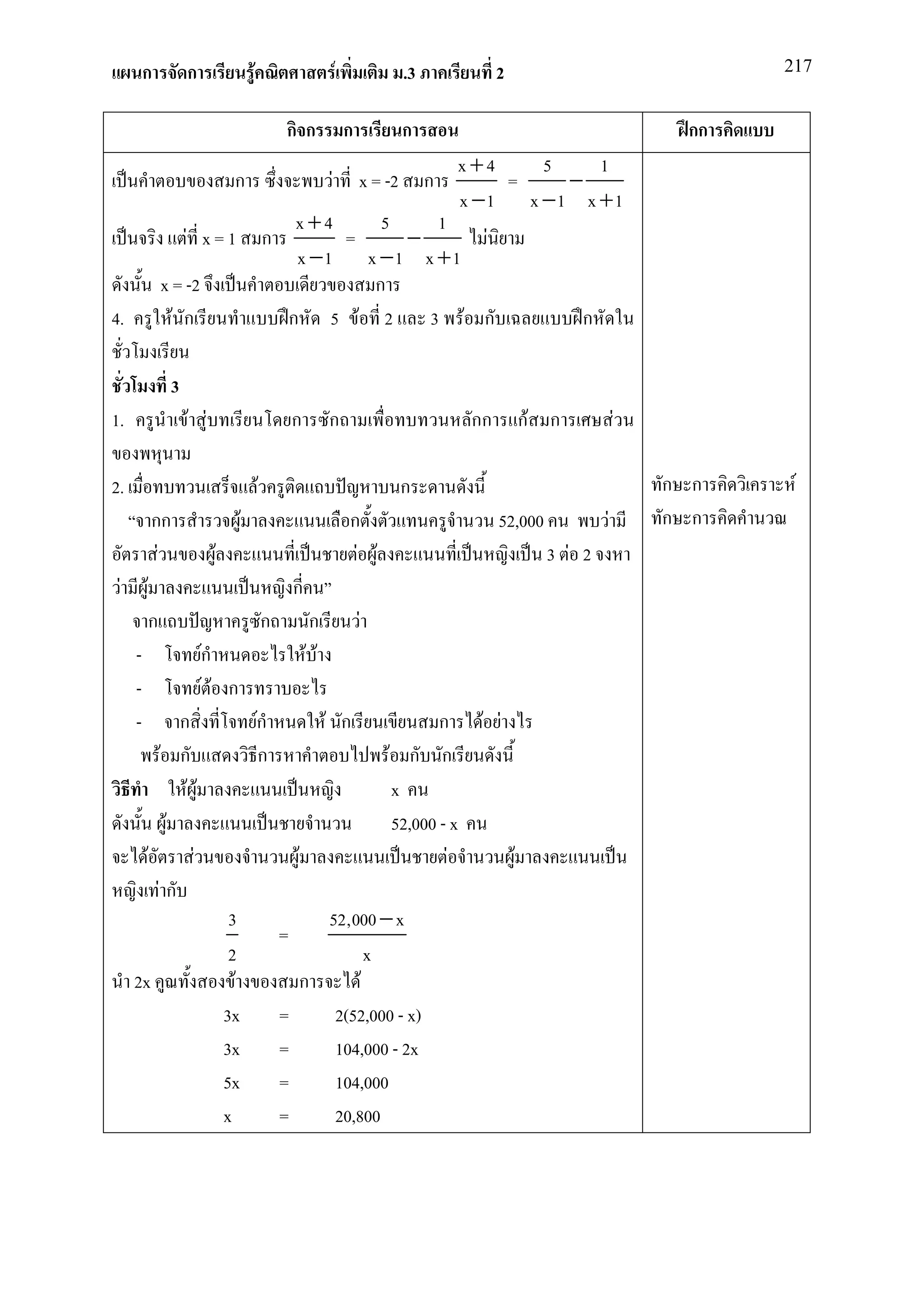 ก            ก                   F                             F                .3             2                                 217


                                                      กก                    ก            ก                                           กก
                                                                                                  x+4    5    1
                                  ก                                 F           x = -2        ก       =    −
                                                                                                  x −1 x −1 x +1
                                                           x+4    5    1
                      F x=1                       ก            =    −     F
                                                           x −1 x −1 x +1
                 x = -2                                          ก
4.                 F ก                                    ก 5 F 2     3 F ก                                            ก

                  3
1.                    F F                                 ก         ก                              กก           กF ก           F

2.                                            F                                          ก                                         ก ก     F
             กก                       F                                     ก                           52,000             F       ก ก
              F             F                                                F F                                  3 F 2
 F       F                                                ก
             ก                                    ก            ก                F
     -                    Fก                                  F F
     -                     FF ก
     -            ก                           Fก                    F ก                     ก       F F
               F ก                             ก                                    F ก ก
                   FF                                                                x
                F                                                                    52,000 - x
             F      F                                     F                                  F              F
               Fก
                                 3                        52,000 − x
                                                      =
                                 2                               x
     2x                           F                     ก      F
                                3x                    =    2(52,000 - x)
                                3x                    =    104,000 - 2x
                                5x                    =    104,000
                                x                     =    20,800
 