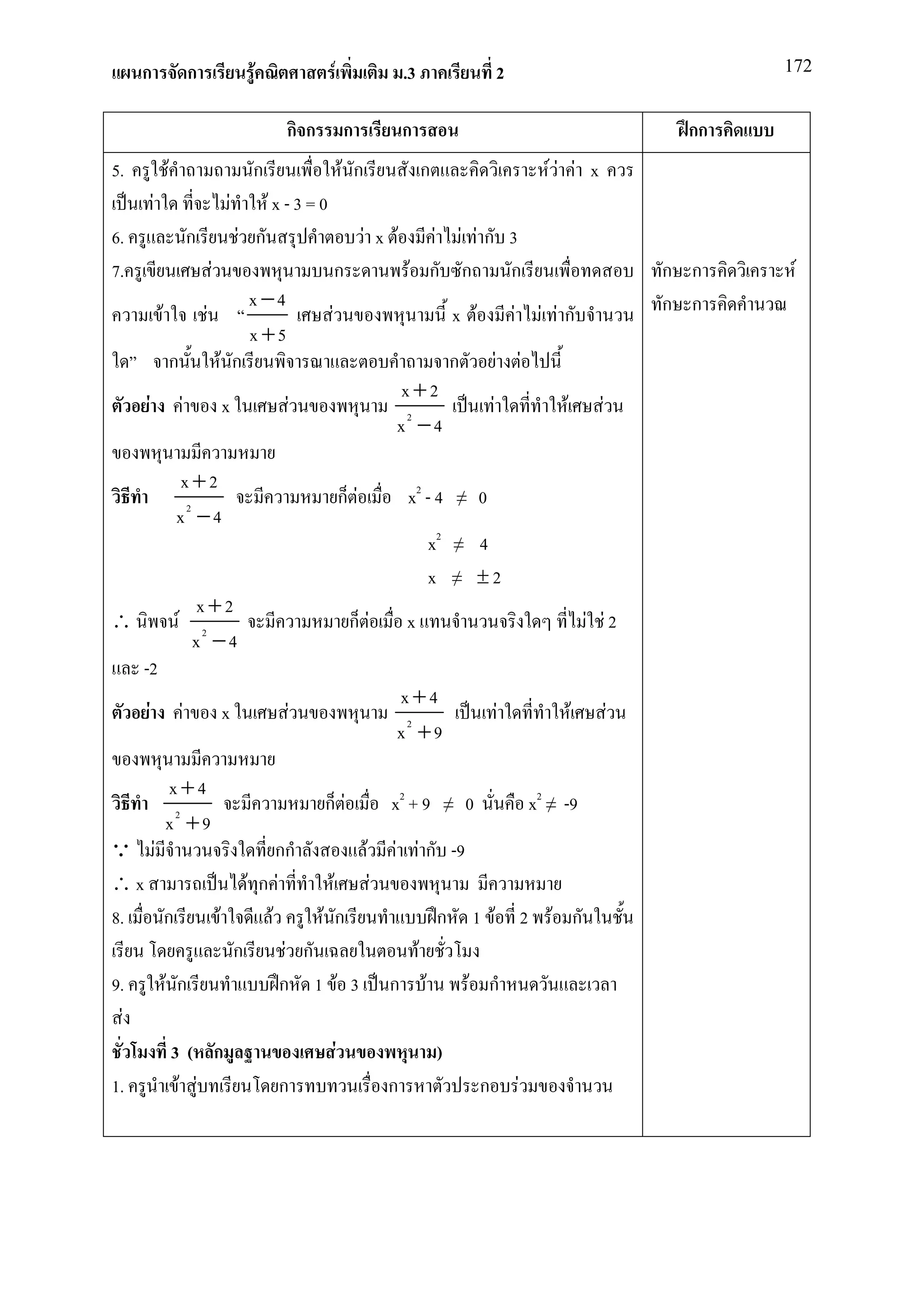 ก                                   ก                    F                      F                     .3                                   2                                             172


                                                                      กก                      ก             ก                                                                             กก
5.                    F                                        ก                              F ก                ก                                                 FF F x
              F                                           F         Fx-3=0
6.                                        ก                   F ก                                   F x F       F F Fก 3
7.                                                F                                   ก                      F ก ก     ก                                                                ก ก     F
                                                               x −4                                                                                                                     ก ก
                  F                           F                                   F                                      x F                         F            F Fก
                                                               x +5
                          ก                           F ก                                                                ก                   F               F
                                                                                                        x+2
          F                           F               x                      F                                                           F                            F         F
                                                                                                        x2 − 4

                          x+2
                                                                                              ก F           x2 - 4           ≠       0
                          x2 − 4
                                                                                                                 x2          ≠       4
                                                                                                                 x       ≠ ±2
                                          x+2
∴                             F                                                                ก F          x                                                                 F F2
                                          x2 − 4
      -2
                                                                                                        x+4
      F                           F                   x                  F                                                                       F                        F         F
                                                                                                        x2 + 9

                      x+4
                                                                                 ก F                    x2 + 9           ≠       0                               x2 ≠ -9
                      x2 + 9
Q F                                                            กก        F F F ก -9
∴x                                                        F ก F        F F
8.  ก                                                 F      F       F ก        ก 1 F 2 F ก
                                                        ก        F ก         F
9.                    F ก                                       ก 1 F 3 ก F         F ก
  F
                          3( ก                                                            F                          )
1.                        F F                                        ก                                 ก                             ก                   F
 