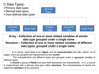 [object Object],[object Object],[object Object],[object Object],Derived Types Function Type Structure Type Array Type Pointer Type Union Type Array  –  Collection of one or more related variables of similar  data type grouped under a single name Structure – Collection of one or more related variables of different  data types, grouped under a single name  In a Library, each book is an  object , and its  characteristics  like title, author, no of pages, price are grouped and represented by one  record . The characteristics are different types and grouped under a aggregate variable of different types. A  record  is group of  fields  and each field represents one characteristic.  In C, a record is implemented with a derived data type called  structure . The characteristics of record are called the  members  of the structure. 