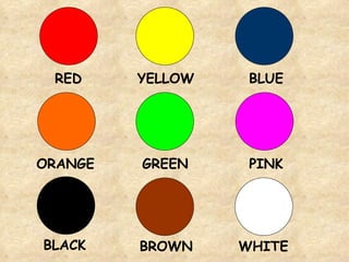 RED YELLOW BLUE ORANGE GREEN PINK BLACK BROWN WHITE 