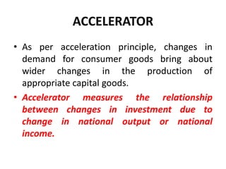 ACCELERATOR
• As per acceleration principle, changes in
  demand for consumer goods bring about
  wider changes in the production of
  appropriate capital goods.
• Accelerator measures the relationship
  between changes in investment due to
  change in national output or national
  income.
 