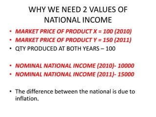 WHY WE NEED 2 VALUES OF
          NATIONAL INCOME
• MARKET PRICE OF PRODUCT X = 100 (2010)
• MARKET PRICE OF PRODUCT Y = 150 (2011)
• QTY PRODUCED AT BOTH YEARS – 100

• NOMINAL NATIONAL INCOME (2010)- 10000
• NOMINAL NATIONAL INCOME (2011)- 15000

• The difference between the national is due to
  inflation.
 