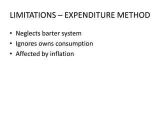 LIMITATIONS – EXPENDITURE METHOD
• Neglects barter system
• Ignores owns consumption
• Affected by inflation
 