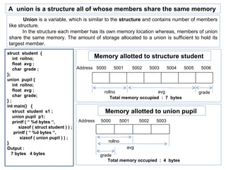 A union is a structure all of whose members share the same memory
        Union is a variable, which is similar to the structure and contains number of members
like structure.
       In the structure each member has its own memory location whereas, members of union
share the same memory. The amount of storage allocated to a union is sufficient to hold its
largest member.
struct student {
    int rollno;                              Memory allotted to structure student
    float avg ;
    char grade ;                     Address 5000     5001     5002    5003    5004 5005  5006
};
union pupil {
    int rollno;
    float avg ;                                  rollno                    avg           grade
    char grade;                                     Total memory occupied : 7 bytes
};
int main() {
    struct student s1 ;                           Memory allotted to union pupil
    union pupil p1;
    printf ( “ %d bytes “,            Address 5000        5001    5002    5003
       sizeof ( struct student ) ) ;
     printf ( “ %d bytes “,
        sizeof ( union pupil ) ) ;
}                                                  rollno
Output :                                                     avg
   7 bytes 4 bytes                             grade
                                              Total memory occupied : 4 bytes
 