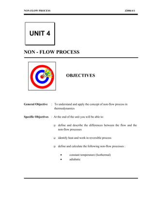 NON-FLOW PROCESS                                                                  J2006/4/1




    UNIT 4

NON - FLOW PROCESS



                                  OBJECTIVES




General Objective     : To understand and apply the concept of non-flow process in
                        thermodynamics

Specific Objectives : At the end of the unit you will be able to:

                           define and describe the differences between the flow and the
                            non-flow processes

                           identify heat and work in reversible process

                           define and calculate the following non-flow processes :

                             •       constant temperature (Isothermal)
                             •       adiabatic
 