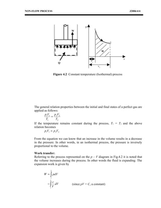 NON-FLOW PROCESS                                                                   J2006/4/4




                                               P
                                                        1
                                   W



                                                                     2


                                                                 W

                                                                              v
                                                   v1
                         Q
                                                            v2


                      Figure 4.2 Constant temperature (Isothermal) process




     The general relation properties between the initial and final states of a perfect gas are
     applied as follows:
              p1V1 p 2V2
                   =
               T1      T2
     If the temperature remains constant during the process, T1 = T2 and the above
     relation becomes
              p1V1 = p 2V2

     From the equation we can know that an increase in the volume results in a decrease
     in the pressure. In other words, in an isothermal process, the pressure is inversely
     proportional to the volume.

     Work transfer:
     Referring to the process represented on the p – V diagram in Fig.4.2 it is noted that
     the volume increases during the process. In other words the fluid is expanding. The
     expansion work is given by

                  2
            W = ∫ pdV
                  1
                  2
                    c
                =∫    dV            (since pV = C, a constant)
                  1
                    V
 
