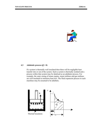 NON-FLOW PROCESS                                                               J2006/4/6




     4.3   Adiabatic process (Q = 0)

           If a system is thermally well insulated then there will be negligible heat
           transfer into or out of the system. Such a system is thermally isolated and a
           process within that system may be idealised as an adiabatic process. For
           example, the outer casing of steam engine, steam turbines and gas turbines
           are well insulated to minimise heat loss. The fluid expansion process in such
           machines may be assumed to be adiabatic.




                                     P
                                               1
                          W



                                                         2


                                                    W


                                                                    v
                                          v1
            Thermal insulation
                                                   v2
 