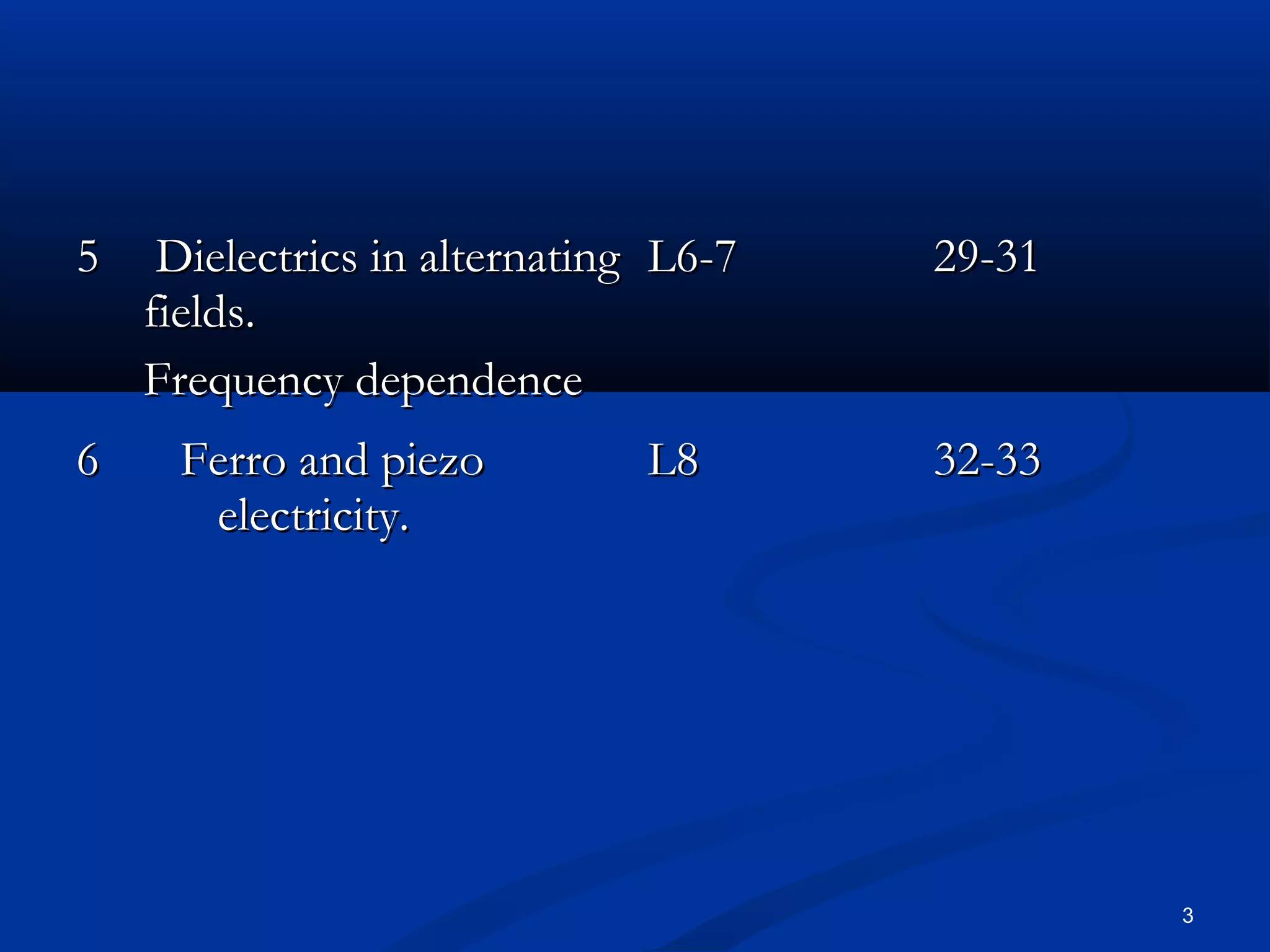 5    Dielectrics in alternating L6-7   29-31
    fields.
    Frequency dependence
6    Ferro and piezo           L8      32-33
      electricity.




                                               3
 