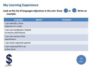 My Learning Experience
Look at this list of languages objectives in the unit. Draw or . Write an
example.
Language Agree? Examples
I can identify a time
sequence in a text.
I can use vocabulary related
to money and finance.
I can use various time
expressions.
I can write reported speech.
I can read and fill in an
online form.
10
min.
 