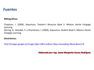 Fuentes
Bibliográficas:
Chapman, J. (2009). Sequences, Teacher’s Resource Book 5. México: Heinle Cengage
Learning.
Waring, R., Woodall, P. y Thomlinson, J. (2009). Sequences, Student Book 5. México: Heinle
Cengage Learning.
Electrónicas:
http://images.google.es/images?gbv=2&hl=es&sa=1&q=money&aq=f&oq=&start=0
Elaborado por: Ing. Sonia Margarita Osuna RodríguezElaborado por: Ing. Sonia Margarita Osuna Rodríguez
 