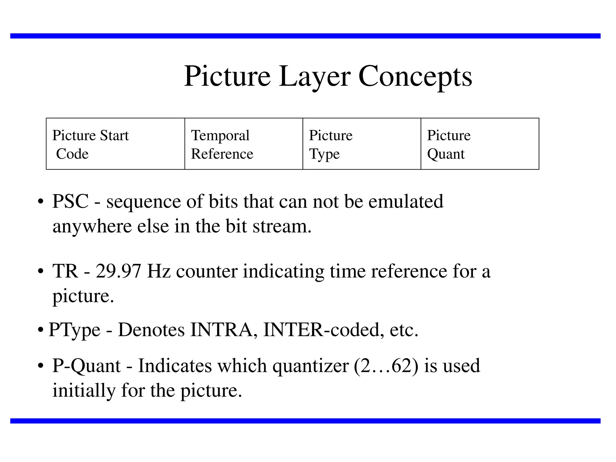 Picture Layer Concepts
Picture Start
Code

Temporal
Reference

Picture
Type

Picture
Quant

• PSC - sequence of bits that can not be emulated
anywhere else in the bit stream.
• TR - 29.97 Hz counter indicating time reference for a
picture.
• PType - Denotes INTRA, INTER-coded, etc.
• P-Quant - Indicates which quantizer (2…62) is used
initially for the picture.

 