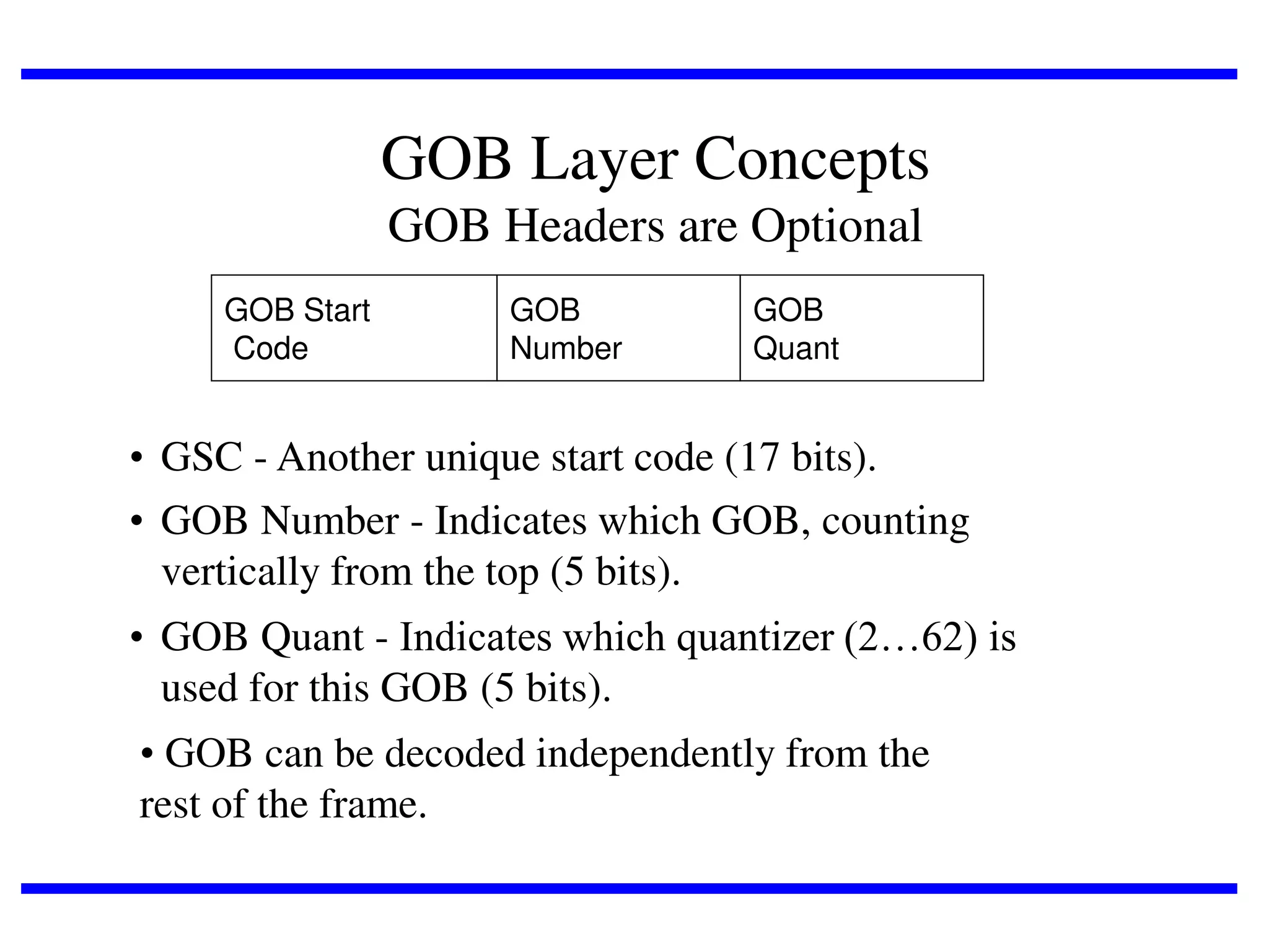 GOB Layer Concepts
GOB Headers are Optional
GOB Start
Code

GOB
Number

GOB
Quant

• GSC - Another unique start code (17 bits).
• GOB Number - Indicates which GOB, counting
vertically from the top (5 bits).
• GOB Quant - Indicates which quantizer (2…62) is
used for this GOB (5 bits).
• GOB can be decoded independently from the
rest of the frame.

 