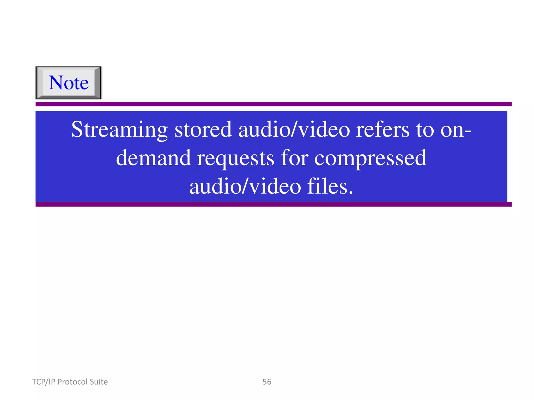 Note

Streaming stored audio/video refers to ondemand requests for compressed
audio/video files.

TCP/IP Protocol Suite

56

 
