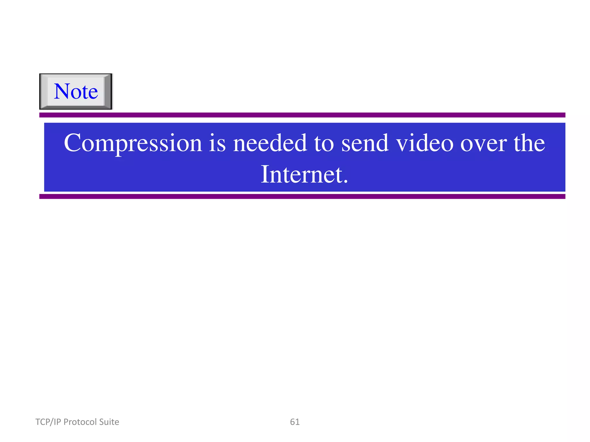 Note

Compression is needed to send video over the
Internet.

TCP/IP Protocol Suite

61

 