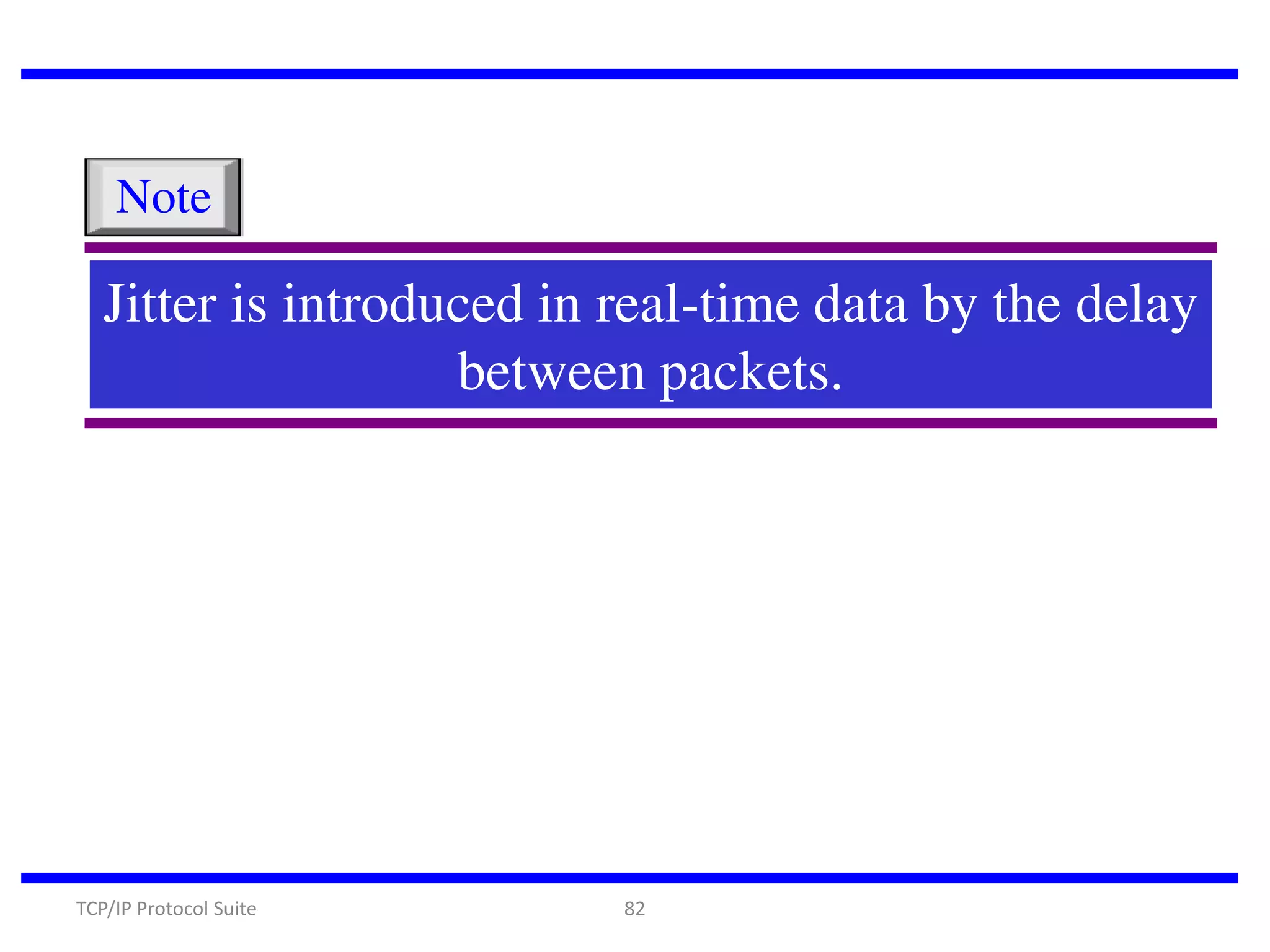 Note

Jitter is introduced in real-time data by the delay
between packets.

TCP/IP Protocol Suite

82

 