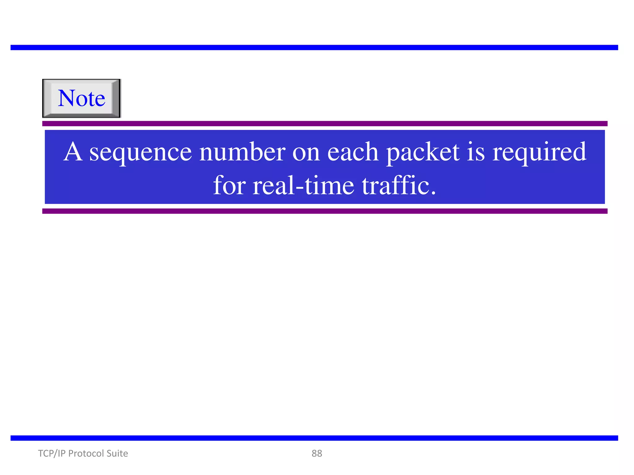 Note

A sequence number on each packet is required
for real-time traffic.

TCP/IP Protocol Suite

88

 