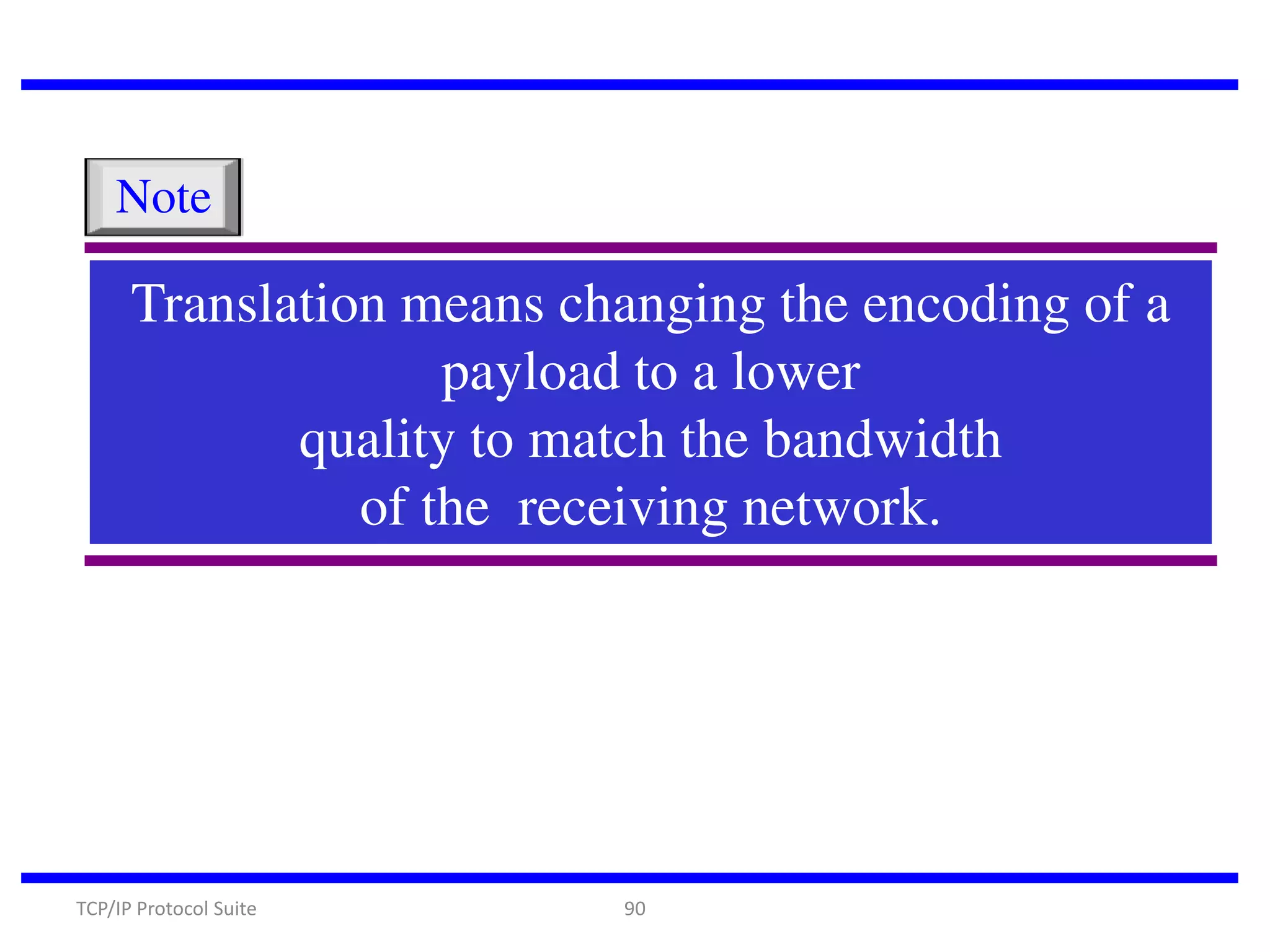Note

Translation means changing the encoding of a
payload to a lower
quality to match the bandwidth
of the receiving network.

TCP/IP Protocol Suite

90

 