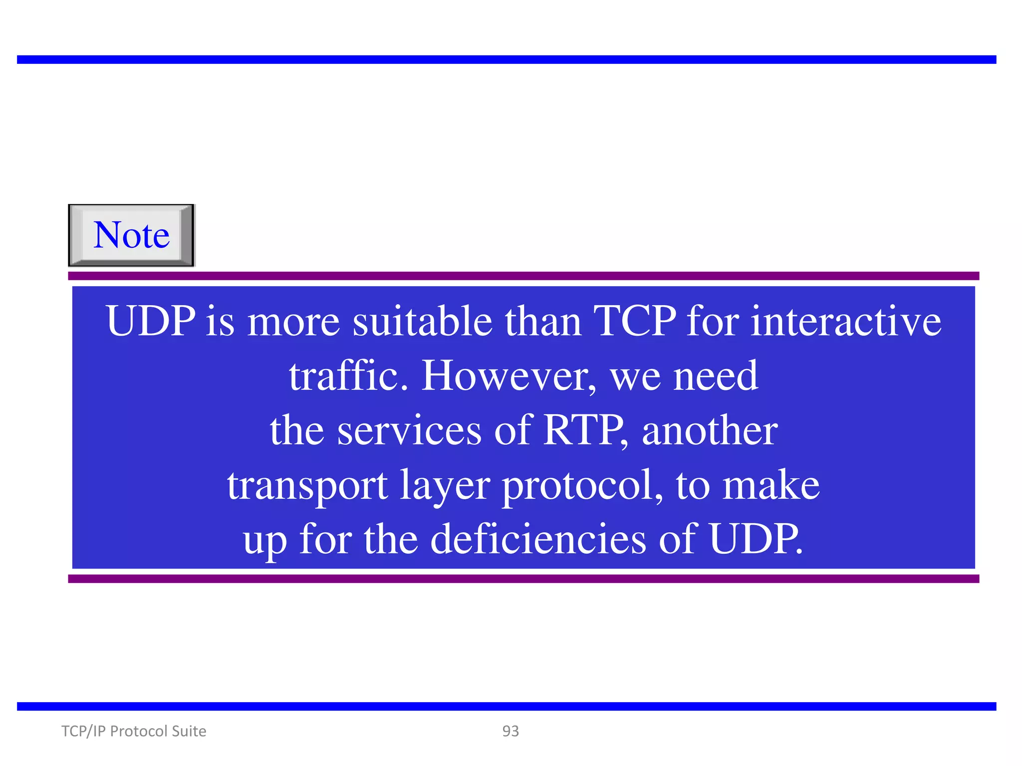 Note

UDP is more suitable than TCP for interactive
traffic. However, we need
the services of RTP, another
transport layer protocol, to make
up for the deficiencies of UDP.

TCP/IP Protocol Suite

93

 