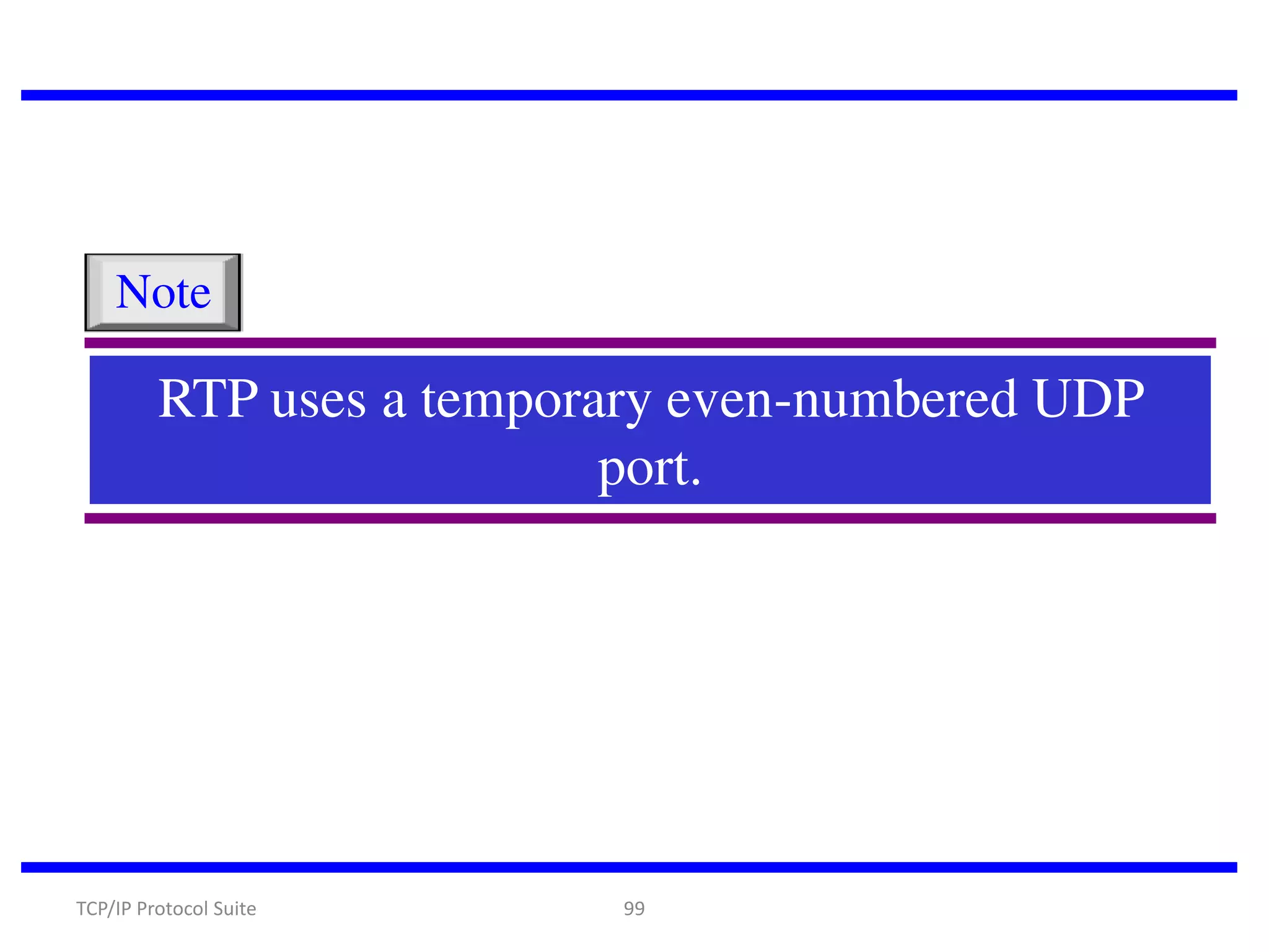 Note

RTP uses a temporary even-numbered UDP
port.

TCP/IP Protocol Suite

99

 