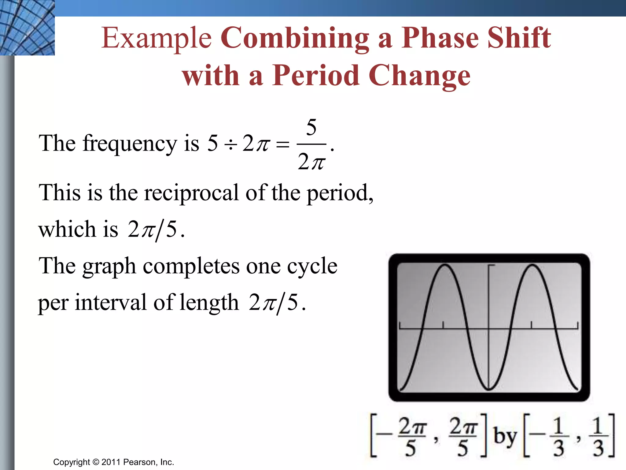 Example Combining a Phase Shift 
with a Period Change 
The frequency is 5  2  
5 
2 
. 
This is the reciprocal of the period, 
which is 2 5. 
The graph completes one cycle 
per interval of length 2 5. 
Copyright © 2011 Pearson, Inc. Slide 4.4 - 12 
 