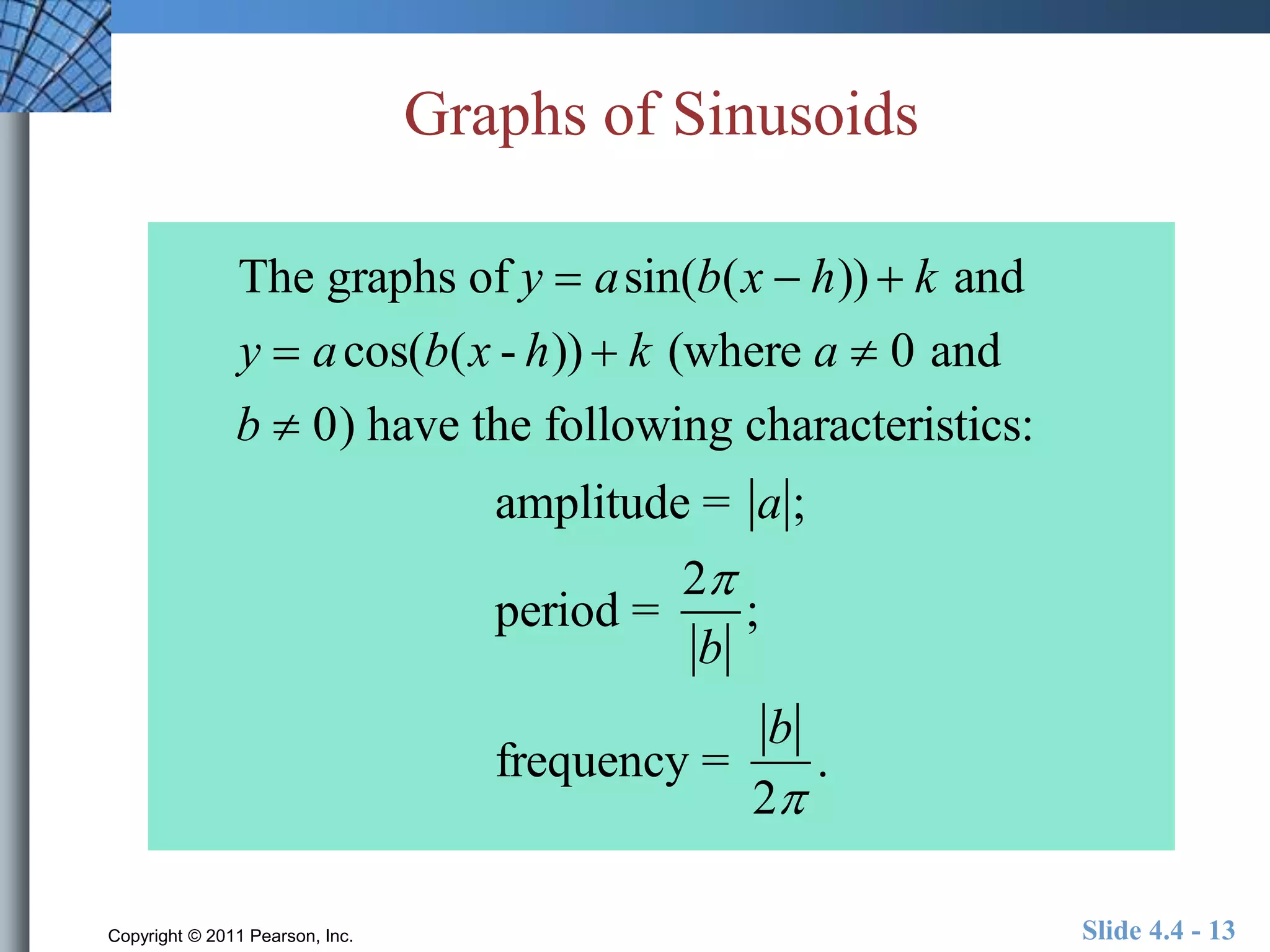 Graphs of Sinusoids 
The graphs of y  asin(b(x  h))  k and 
y  acos(b(x - h))  k (where a  0 and 
b  0) have the following characteristics: 
amplitude = a ; 
period = 
2 
b 
; 
frequency = 
b 
2 
. 
Copyright © 2011 Pearson, Inc. Slide 4.4 - 13 
 