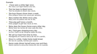 Exemple 
 I have seen a white tiger once. 
He visto a un tigre blanco una vez. 
 Tom has been to Miami twice. 
Tom ha estado en Miami dos veces. 
 She buys flowers three times a week. 
Ella compra flores tres veces por semana. 
 Mary washes the dishes once a day. 
Mary lava los platos una vez al día. 
 They play golf twice a month. 
Ellos juegan al golf dos veces al mes. 
 Betsy does the house chores every other day. 
Betsy hace las tareas de casa cada dos días. 
 Mrs. Clark goes shopping every day. 
La Sra. Clark va de compras todos los días. 
 We sail our boat from time to time. 
Navegamos en nuestro barco de vez en cuando. 
 Once in a while, I bake home-made bread. 
De vez en cuando, horneo pan casero. 
 Karen cooks dinner herself every now and then. 
Karen cocina la cena ella misma de vez en cuando. 
 